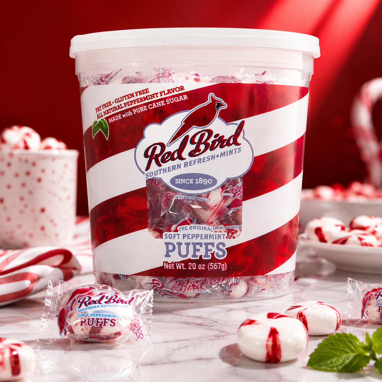 Red Bird Peppermint Puffs Hard Candy Mint Flavor Tub 18 oz