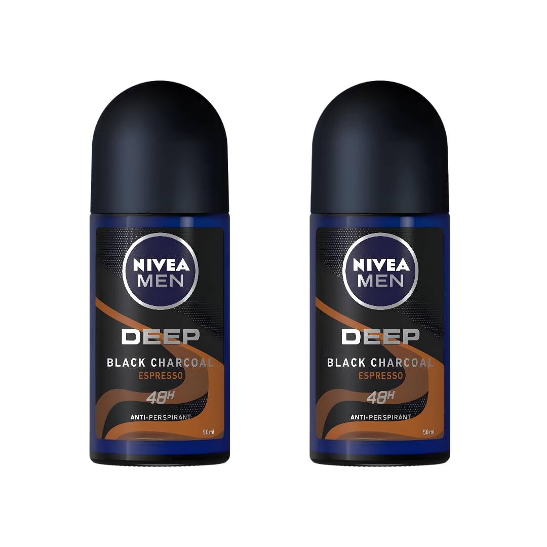 NIVEA MEN DEEP Black Carbon Espresso Anti-Perspirant Roll-On, 50 mL 72-Hour Odor & Sweat Protection, No Visible Black Residue, Long-Lasting Espresso Scent, (Pack of 2)