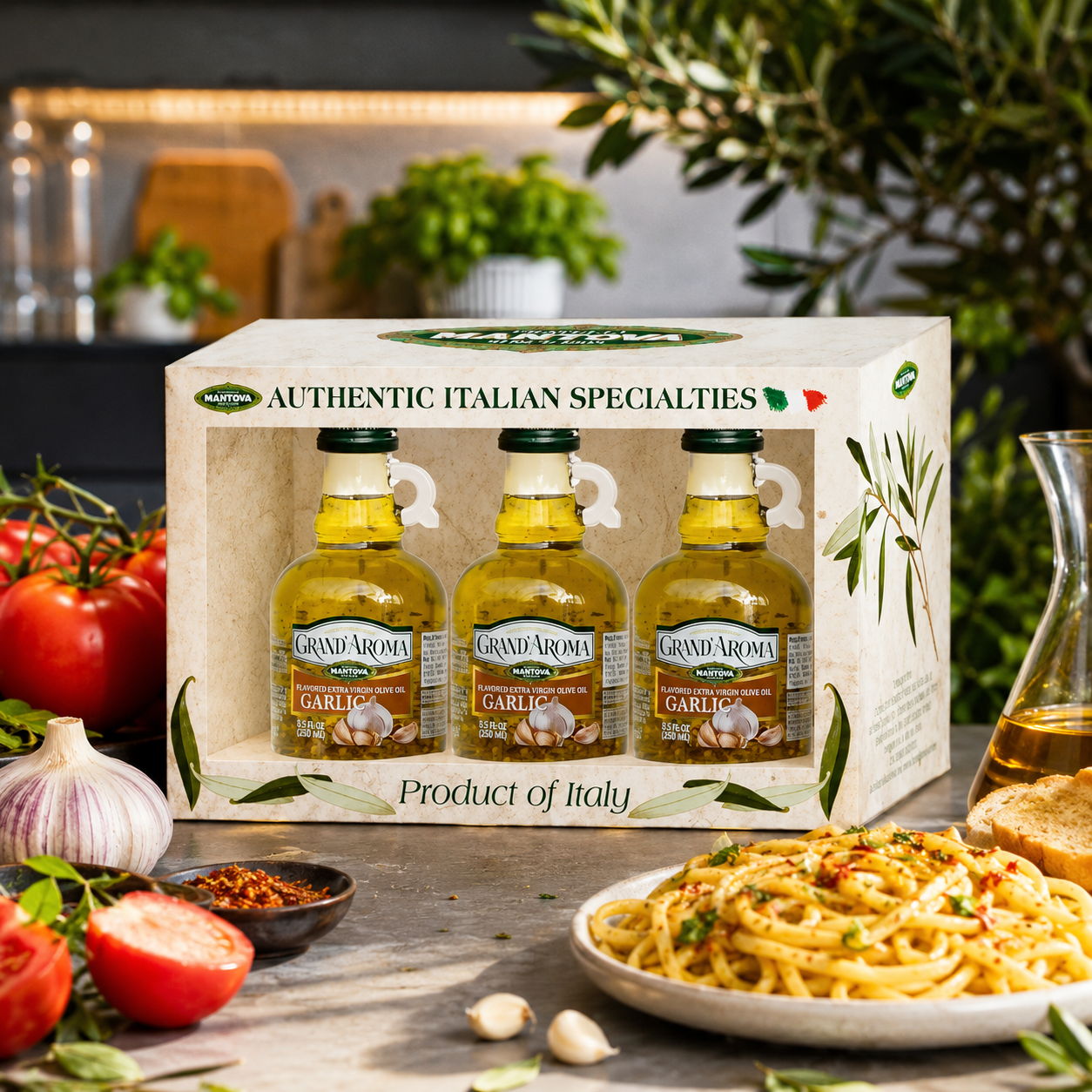 Grand'aroma Garlic Extra Virgin Olive Oil, 8.5-Ounce Bottles (Pack of 3)
