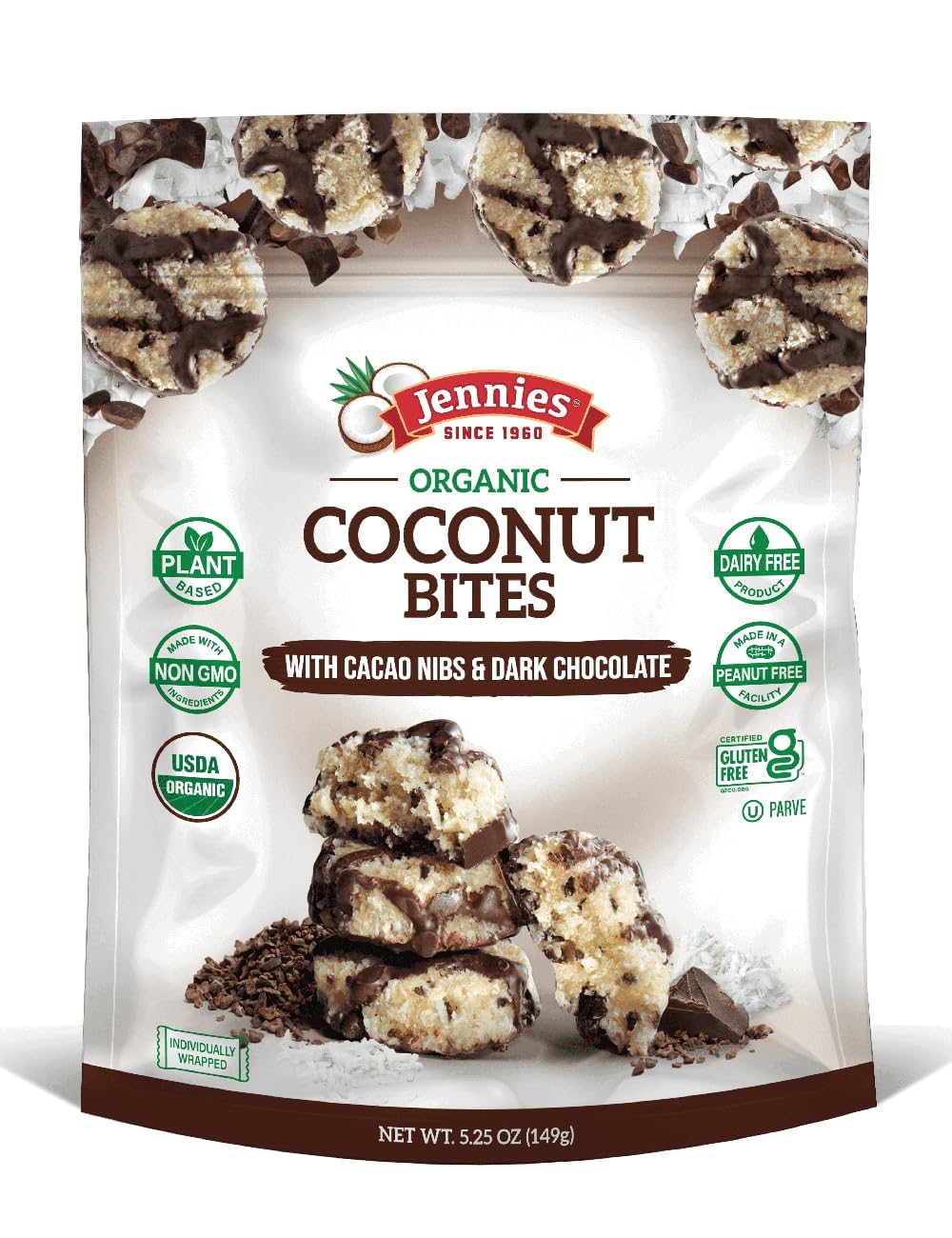 Jennies Organic Coconut Bites with Cacao Nibs & Dark Chocolate (Pack of 6) Jennies