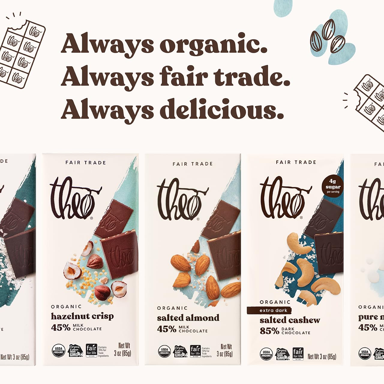 Product image of Theo Chocolate Salted Almond Organic Milk Chocolate Bar 45% Cacao Fair Trade Pack of 6
