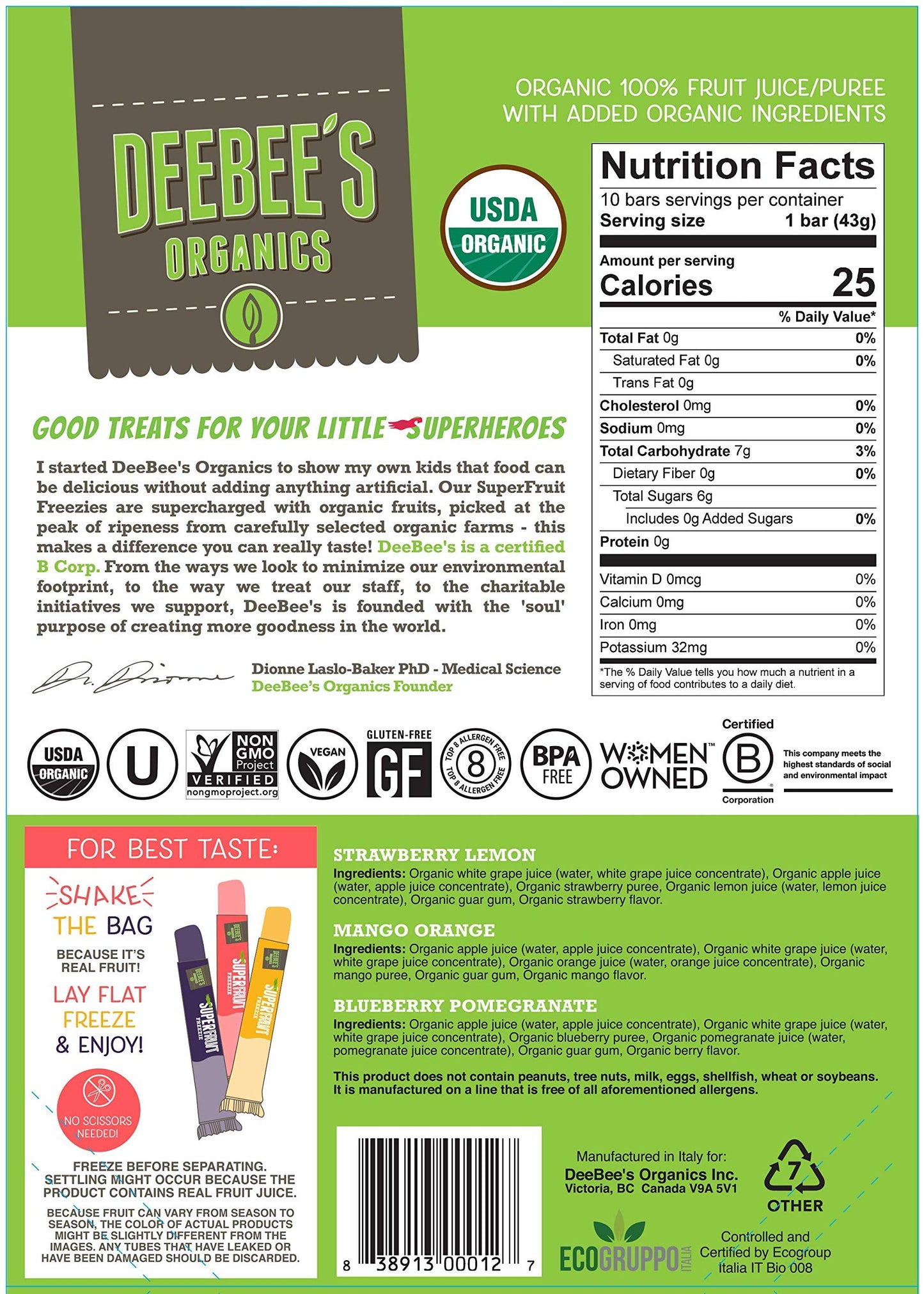 Product image of Deebee's 100% Organics Super Fruit Freezie Frozen Juice Bars Grape Strawberry and Tropical Fruit Popsicles