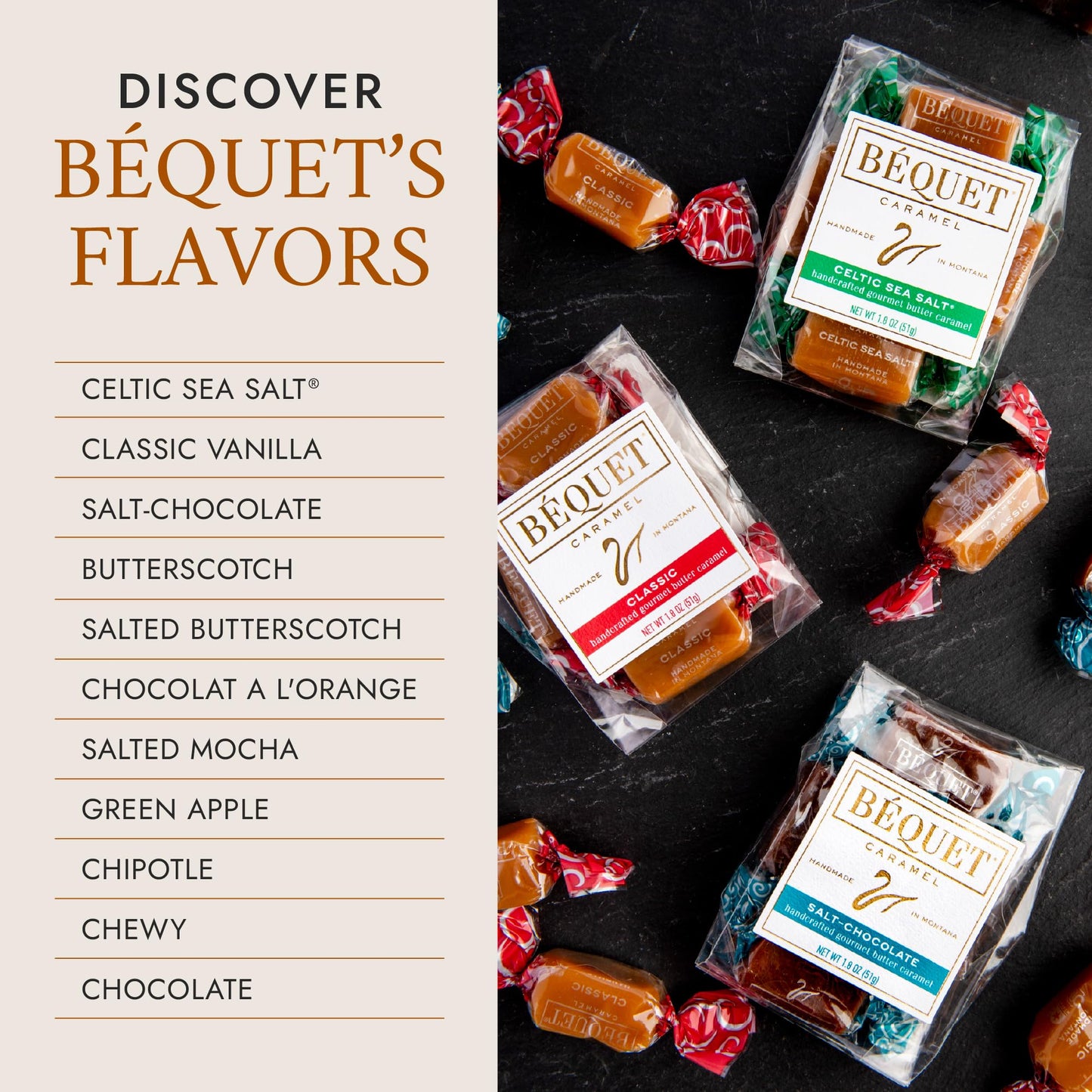 Product image of Béquet Caramel Celtic Sea Salt Caramel Gourmet Candy Individually Wrapped Kosher Gluten Free Made in
