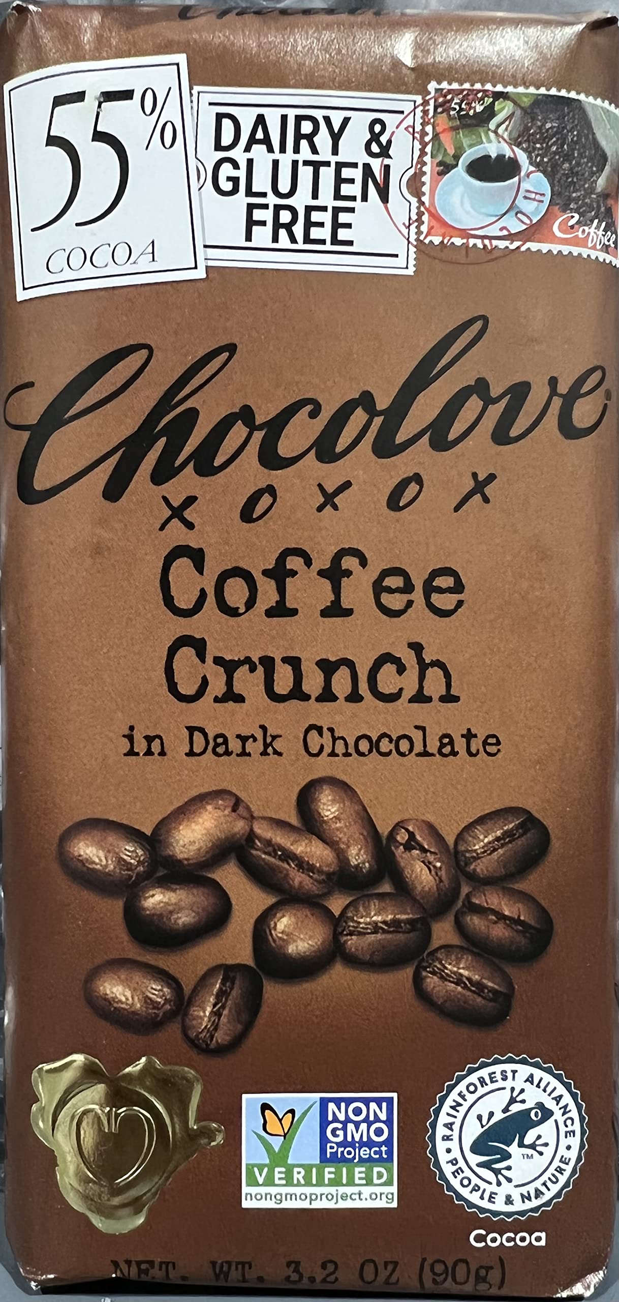 Product image of Chocolove Coffee Crunch in Dark Chocolate 55% Cacao Non GMO Rainforest Alliance Certified Cacao Bar 3.2 oz