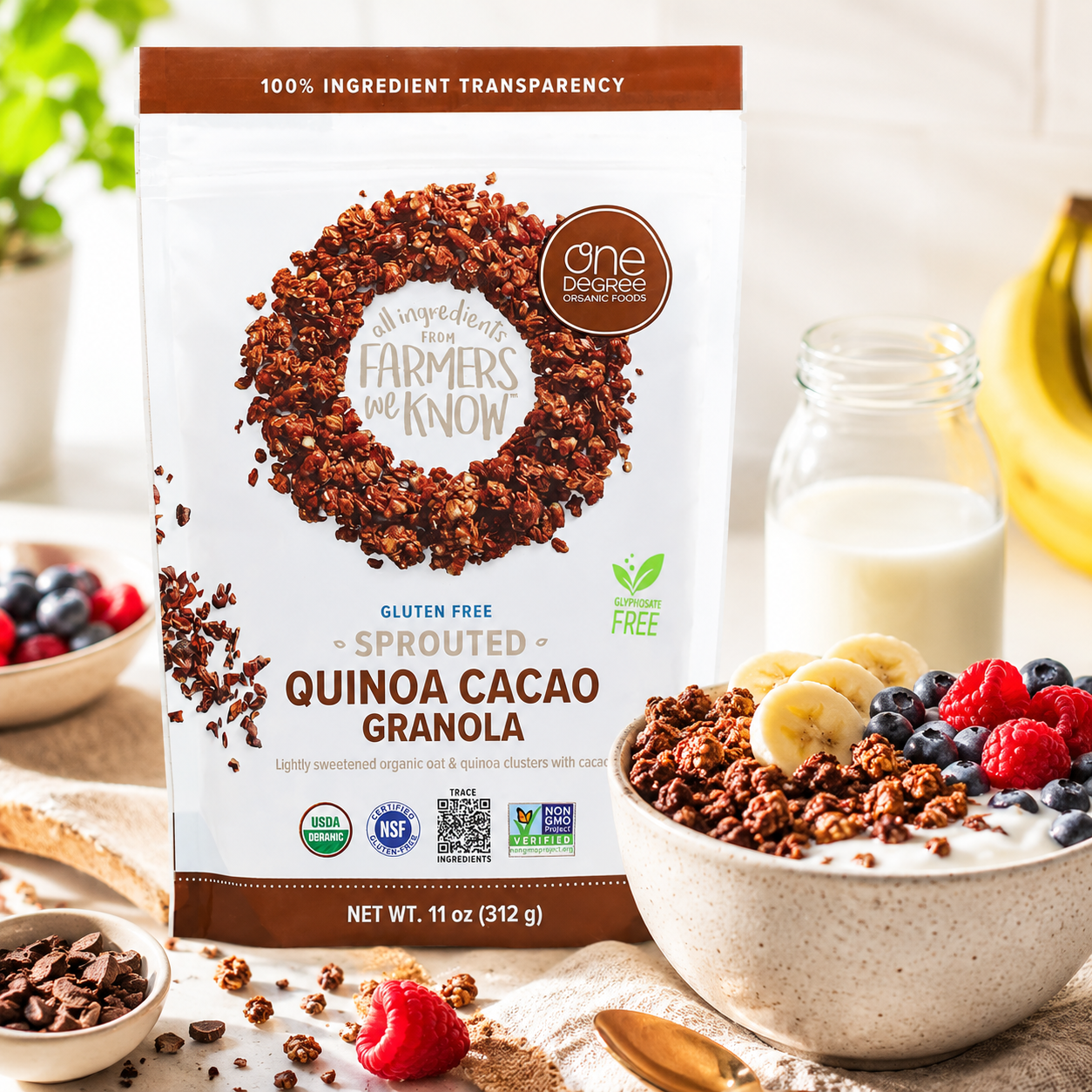 One Degree Organic Cacao Oat Quinoa Granola 6 per case. 11 Ounce