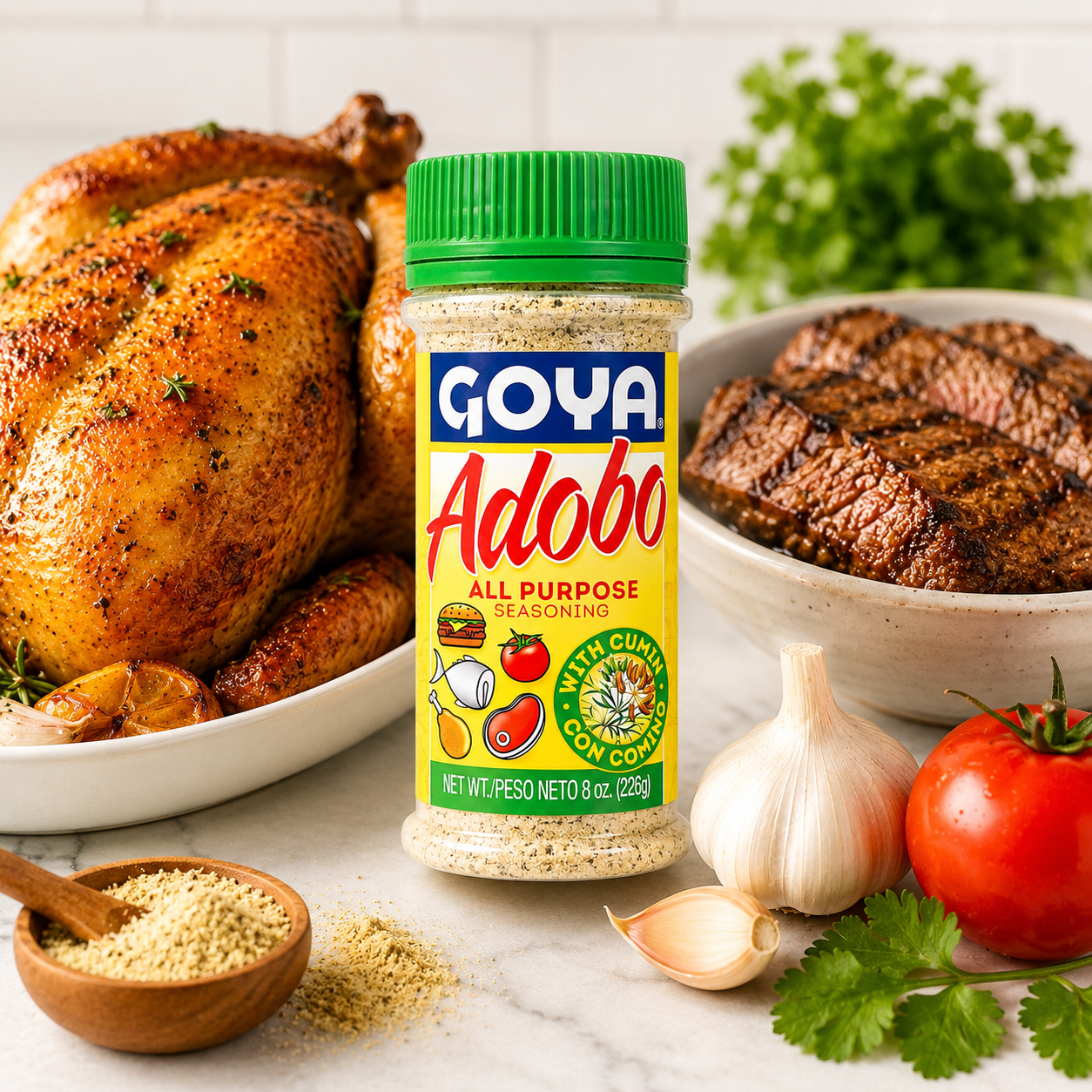 Goya Adobo All Purpose Seasoning with Cumin Bottle Latin Spice Blend Mexican Seasoning for Poultry Seafood Meat and Vegetables 8 oz