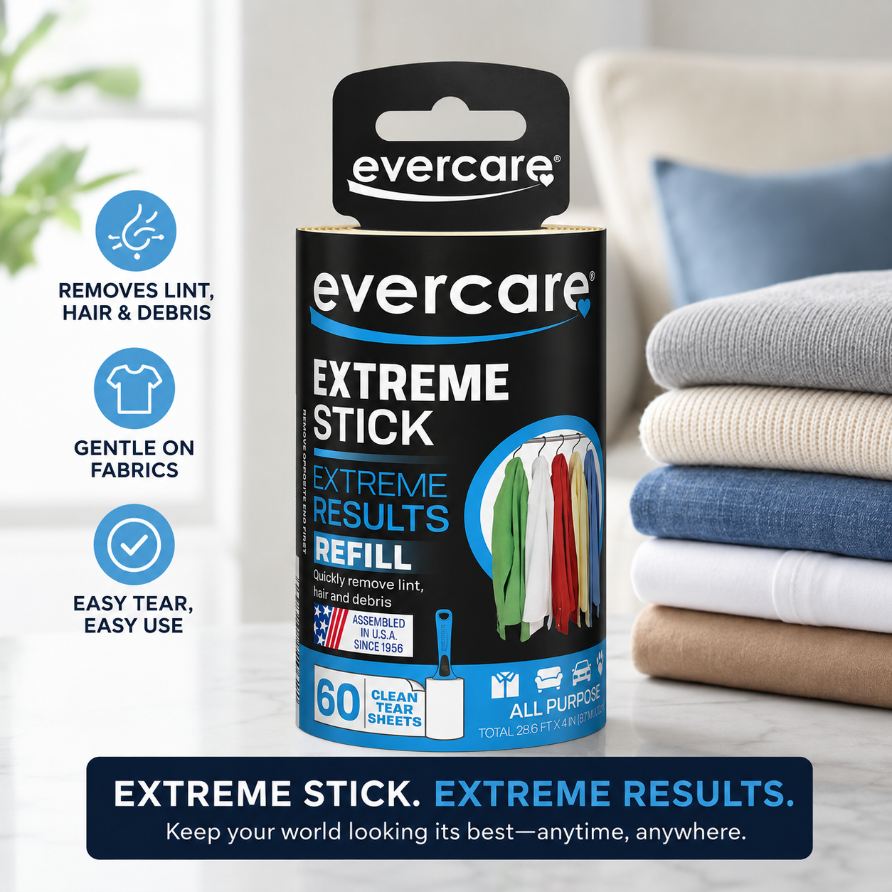 Evercare Lint Roller Refill Picks Up Lint, Dust, Dandruff 60 Layers (Pack of 6)