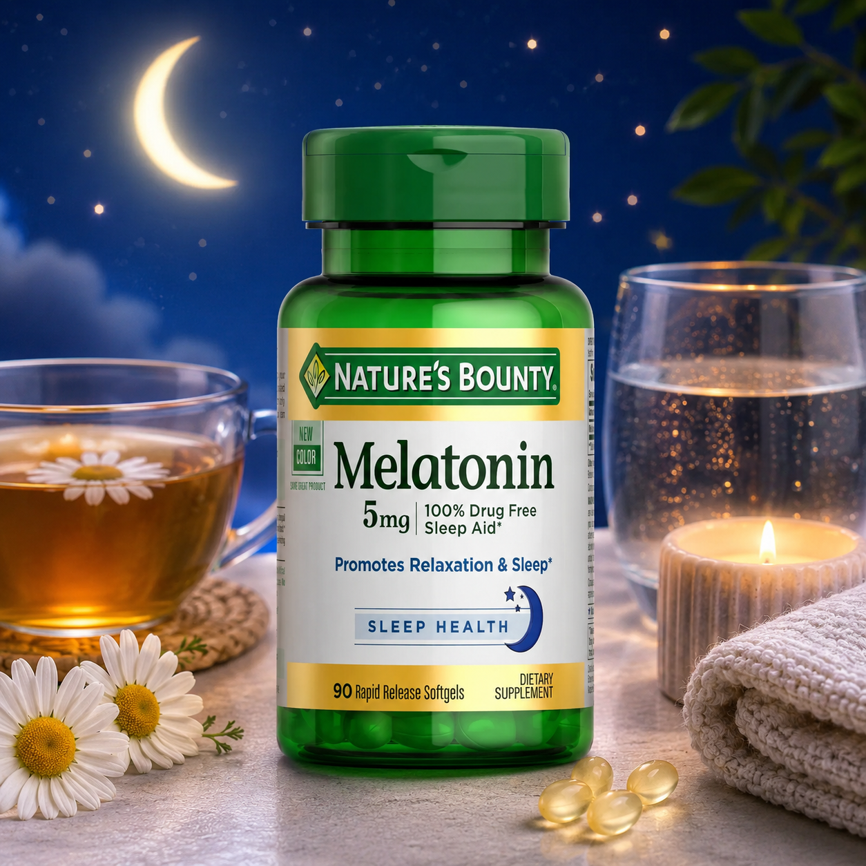 Nature's Bounty Melatonin 5 mg 90 Softgels Dietary Supplement 100% Drug Free Sleep Aid Promotes Relaxation and Sleep Health