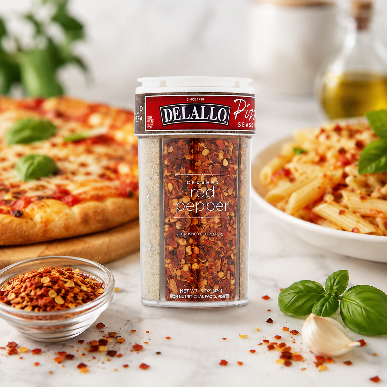 DeLallo Garlic Italian 4 Spice Variety Pizza Seasoning Shaker with Red 3.2 oz