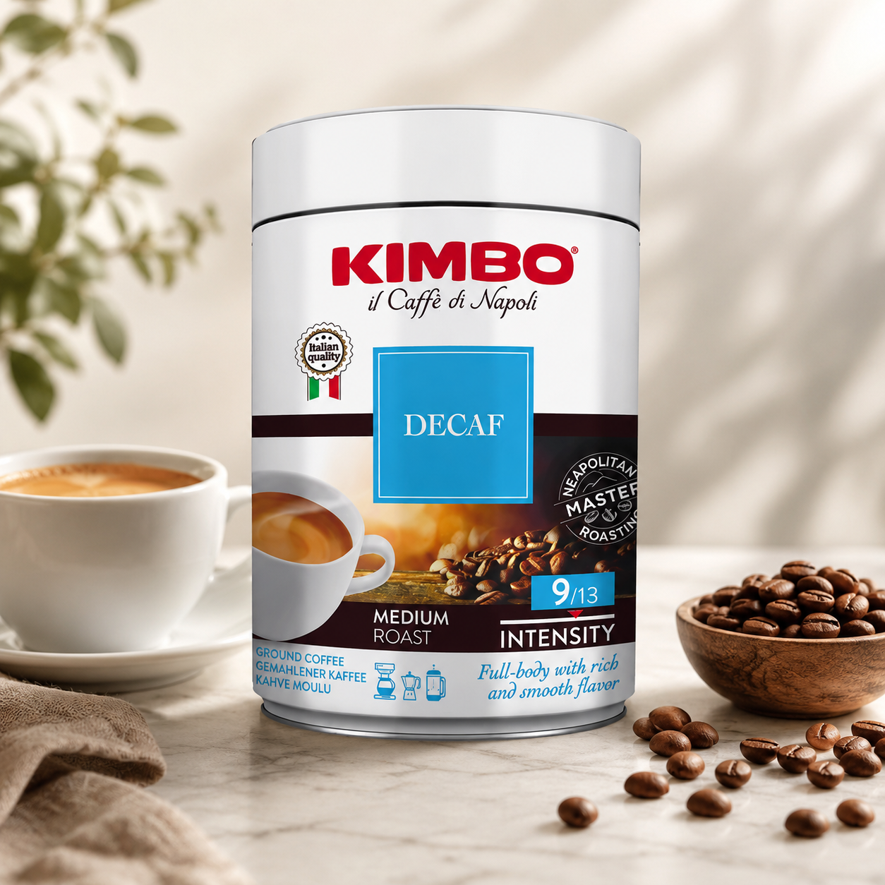 Kimbo Espresso Decaffeinato Ground Coffee - Blended and Roasted in Italy - Medium Roast with a Full-body Rich and Smooth Flavor - 8.8 oz Can