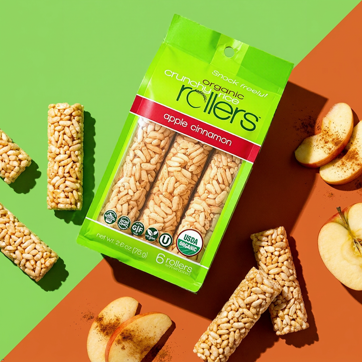 CRUNCHY ROLLERS Organic Apple Cinnamon Rice Rollers 6 Count, 2.6 oz Crunchy Rollers