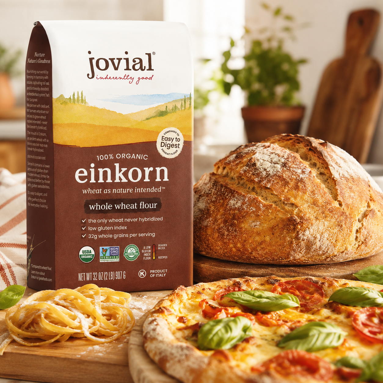 Jovial Organic Einkorn Whole Wheat Flour - Bread Baking Flour for Sourdough, High Protein, Non-GMO, For Organic Pizza & Pasta, European Italian Made, Glyphosate Free - 32 Oz, (Pack of 2)