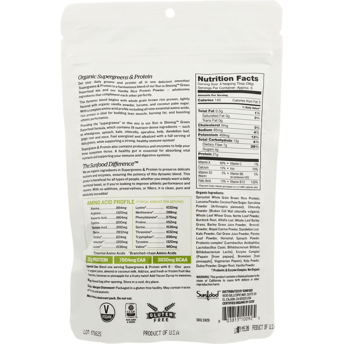 Sunfood Organic Supergreens & Protein Plant Based Vegan Protein Greens Superfood Powder with Chlorella & Spirulina Protein Per Serving 8 oz