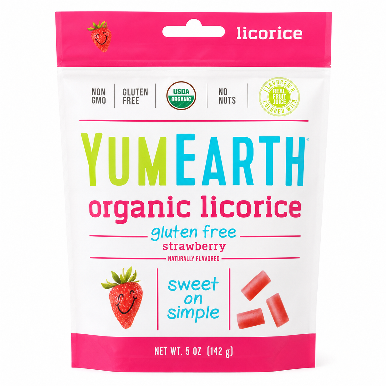 YumEarth Organic Gluten Free Strawberry Licorice Snack Packs - Allergy Friendly, Gluten Free, Non-GMO, Vegan, No Artificial Flavors or Dyes - 5 Ounce (Pack of 2)