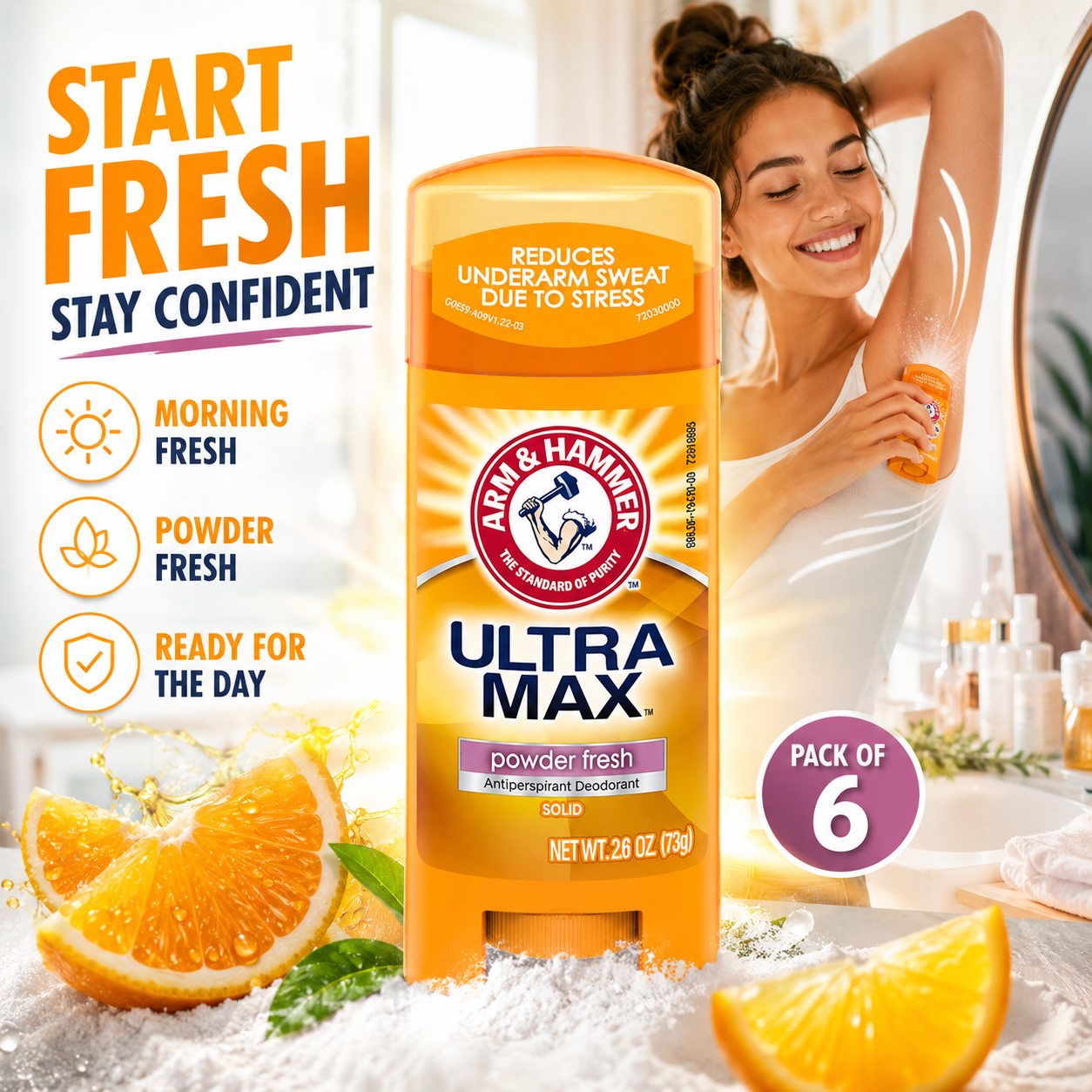 Arm & Hammer Ultra Max Antiperspirant Deodorant Solid Powder Fresh 2.6 oz