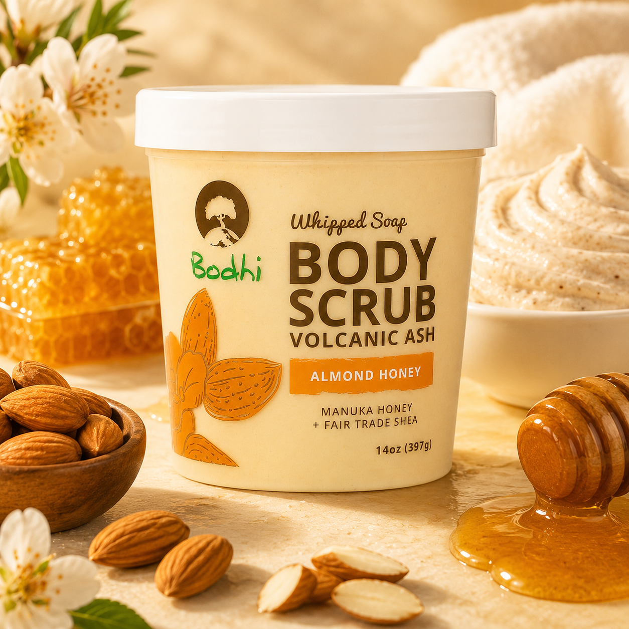 BODHI Handmade Soap Almond Honey Volcanic Ash Whipped Body Scrub 14 Oz