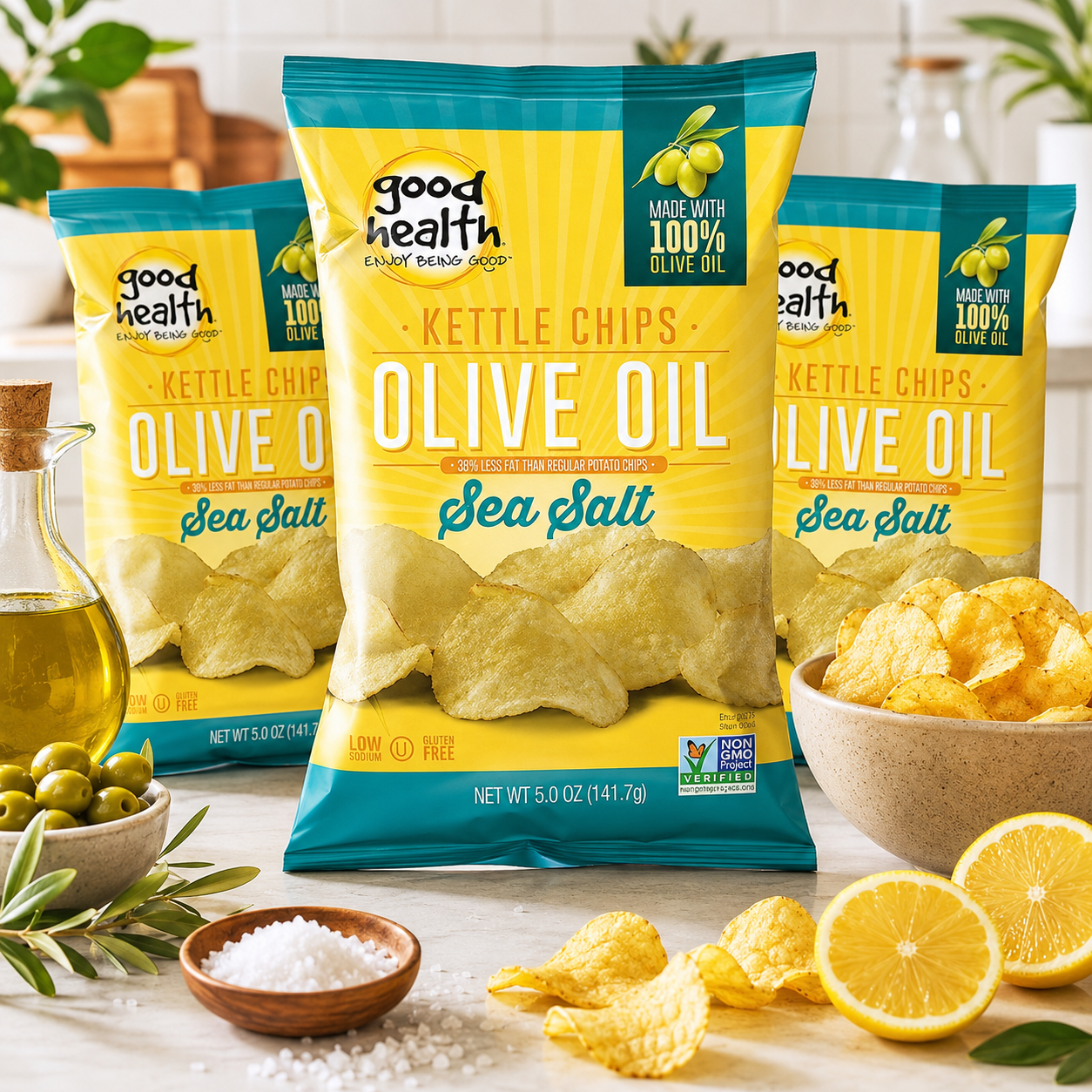 Good Health Olive Oil Kettle Style Chips with Sea Salt 5 oz. Bag (Pack of 4)