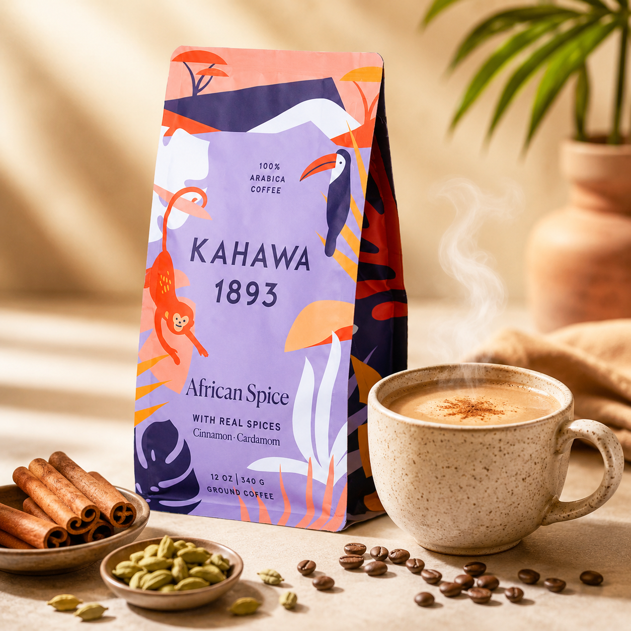 KAHAWA 1893 Medium Roast Ground Coffee African Spice With Cinnamon Cardamom & Clove High Antioxidants Organically Grown 12 oz