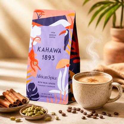 KAHAWA 1893 Medium Roast Ground Coffee African Spice With Cinnamon Cardamom & Clove High Antioxidants Organically Grown 12 oz