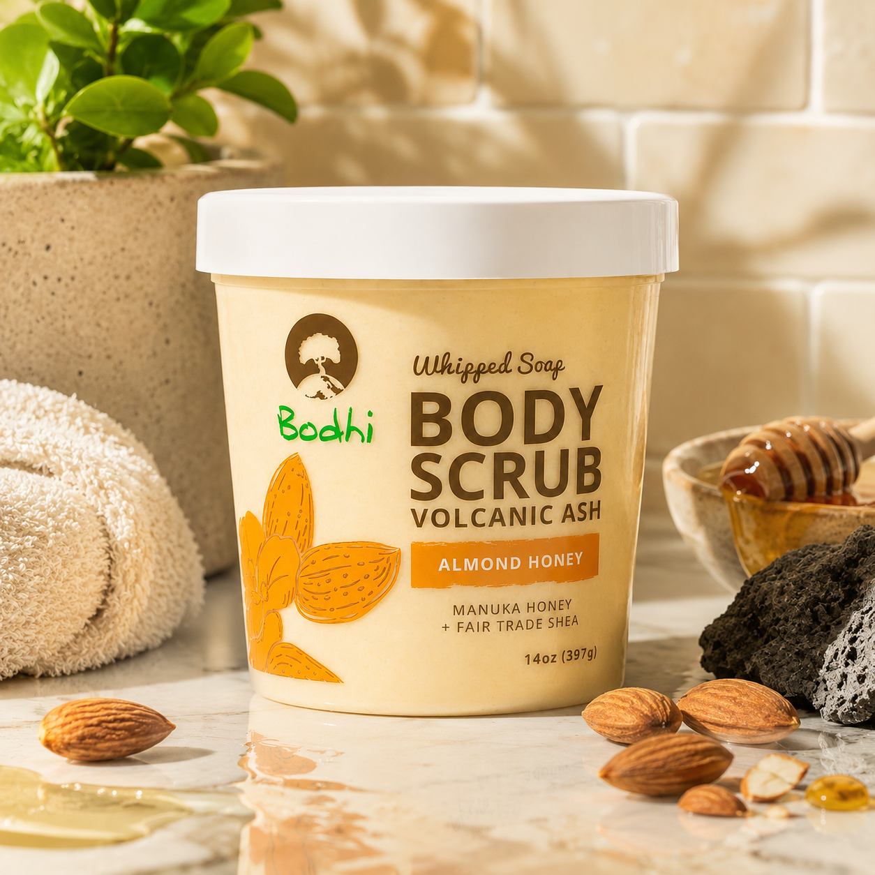 BODHI Handmade Soap Almond Honey Volcanic Ash Whipped Body Scrub 14 Oz
