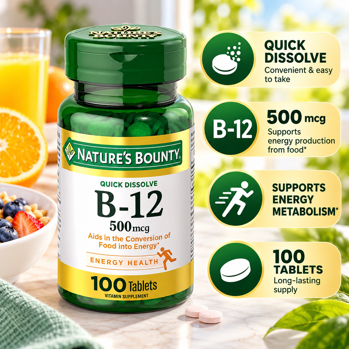 Nature's Bounty Vitamin B12 500 mcg Tablets, 100 Count (Pack of 2) Nature's Bounty