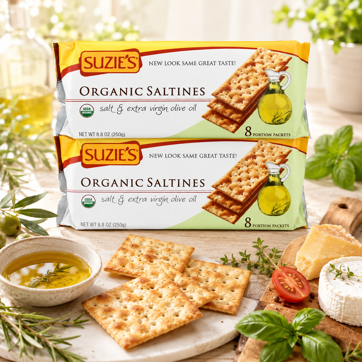 Suzie's Organic Saltines Crackers Salted with Extra Virgin Olive Oil (Pack of 3) 8.8oz Each