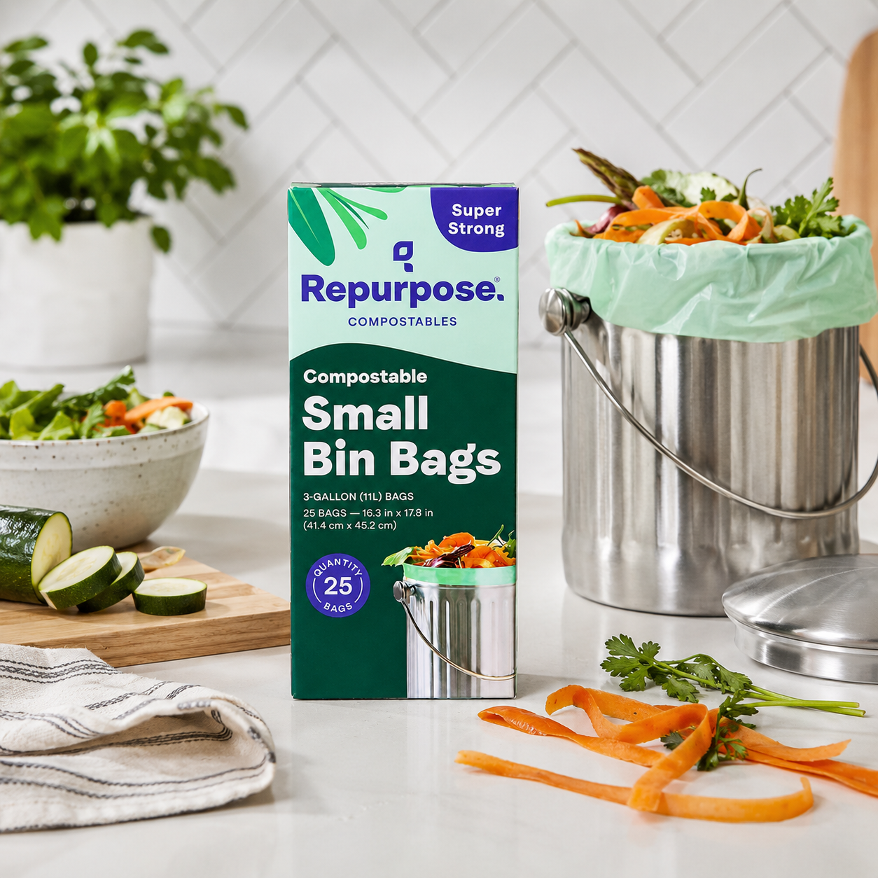 Repurpose Compostables Repurpose 3 Gallon, 11 Liter Super Strong, Small Compostable Trash Bags, Biodegradable Products Institute (BPI) Certified, 25 Count