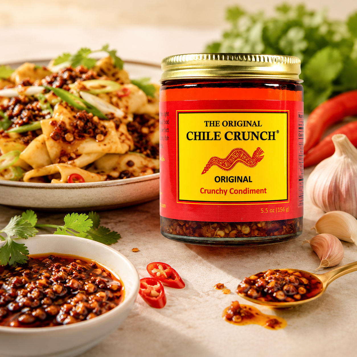 CHILE CRUNCH - Original Spicy Crunchy Condiment - All Natural Roasted Chili Peppers, Garlic & Onion Crisp Sauce - Vegan, Gluten-Free, No Preservatives - Homemade Authentic Mexican Recipe 5.5oz