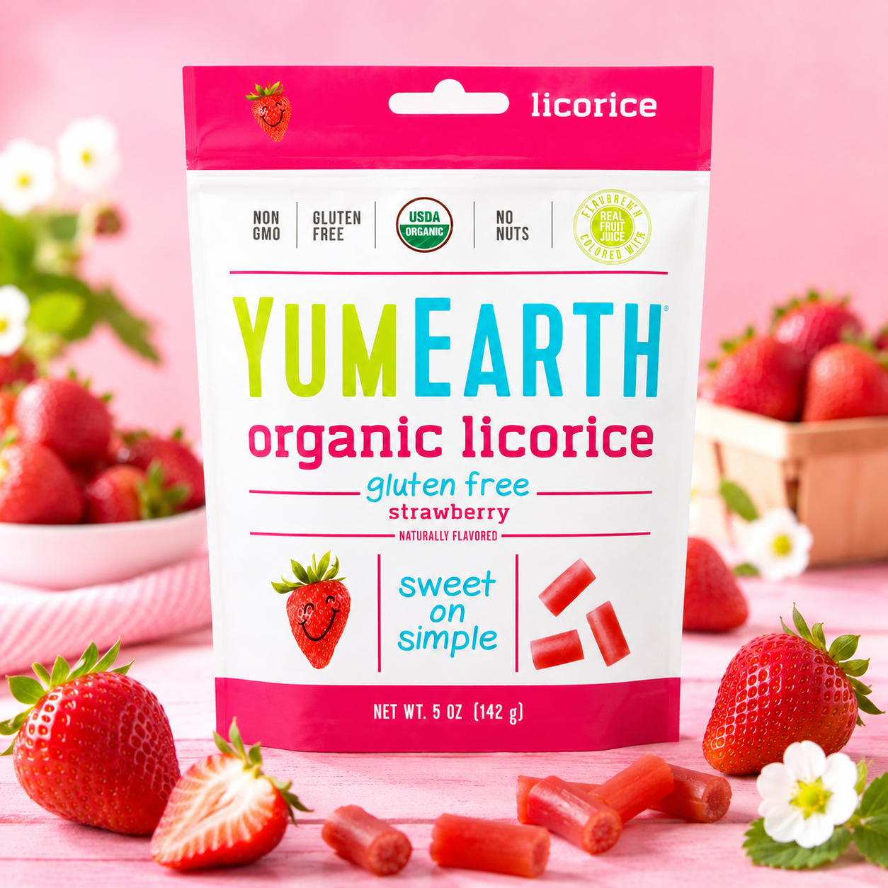 YumEarth Organic Gluten Free Strawberry Licorice Snack Packs - Allergy Friendly, Gluten Free, Non-GMO, Vegan, No Artificial Flavors or Dyes - 5 Ounce (Pack of 2)