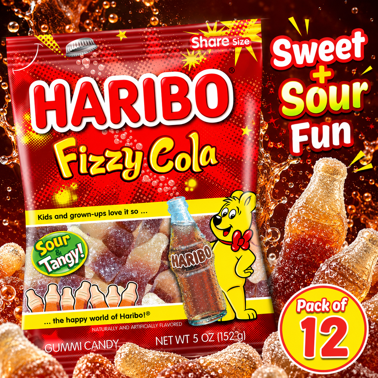 HARIBO Fizzy-Cola Gummi Candy Share Size Bags Sour & Tangy Cola Flavor Soft & Chewy 5 oz