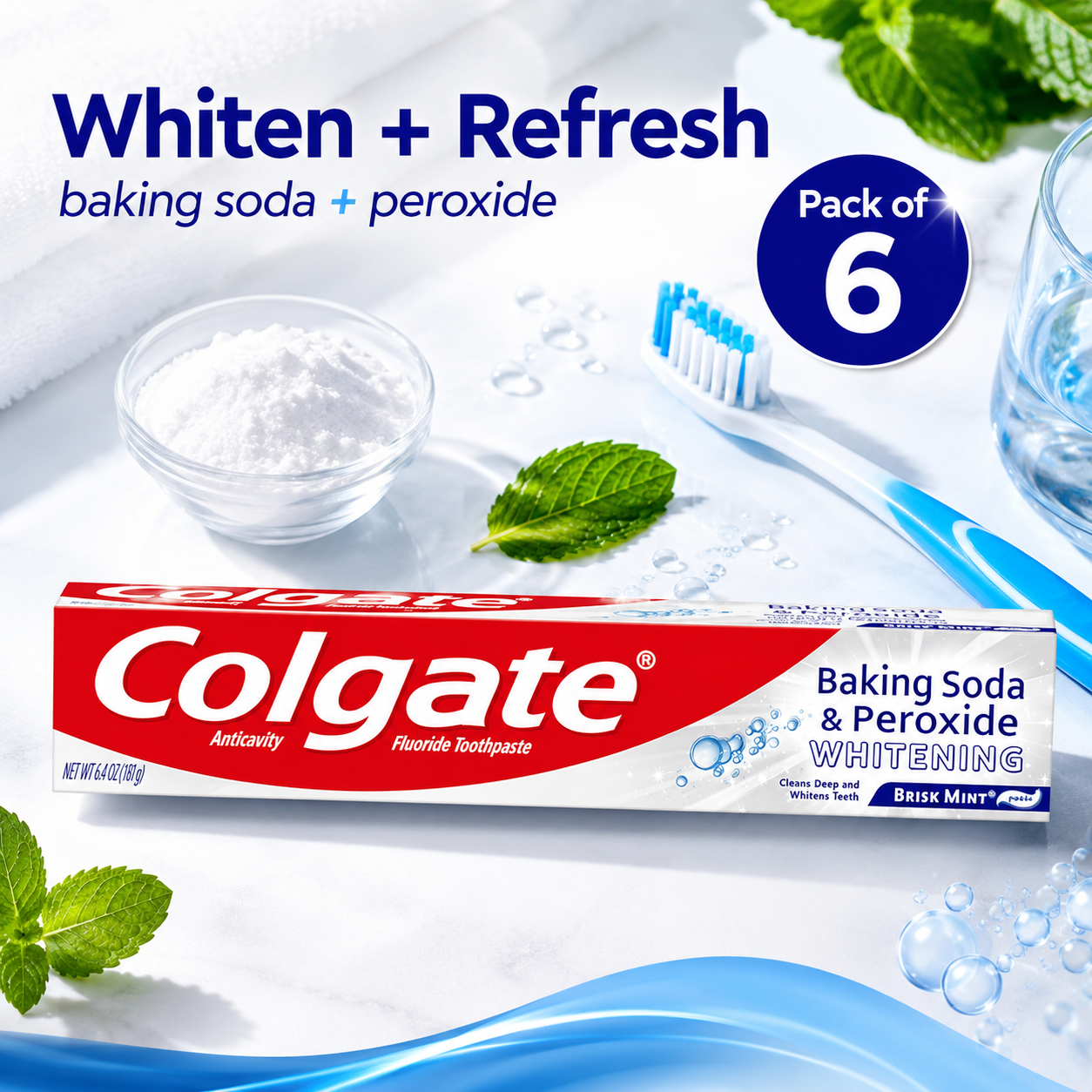 Colgate Baking Soda and Peroxide Toothpaste, Whitening Baking Soda Toothpaste, Brisk Mint Flavor, Whitens Teeth, Fights Cavities and Removes Surface Stains for Whiter Teeth, 2.5 Oz Tube, (Pack of 6)