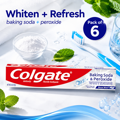 Colgate Baking Soda and Peroxide Toothpaste, Whitening Baking Soda Toothpaste, Brisk Mint Flavor, Whitens Teeth, Fights Cavities and Removes Surface Stains for Whiter Teeth, 2.5 Oz Tube, (Pack of 6)