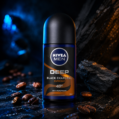 NIVEA MEN DEEP Black Carbon Espresso Anti-Perspirant Roll-On, 50 mL  72-Hour Odor & Sweat Protection, No Visible Black Residue, Long-Lasting Espresso Scent, (Pack of 3)
