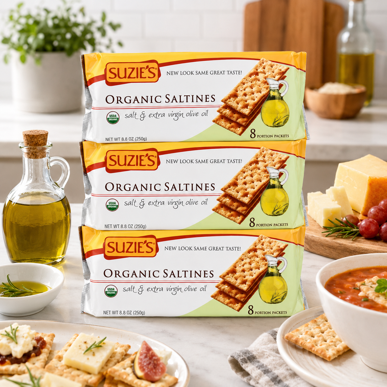 Suzie's Organic Saltines Crackers Salted with Extra Virgin Olive Oil (Pack of 3) 8.8oz Each