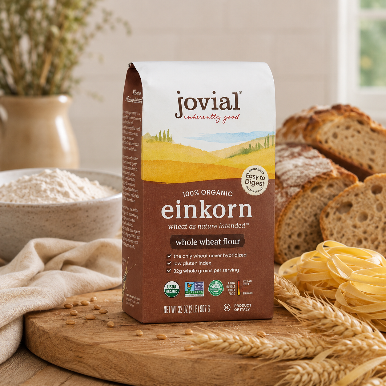 Jovial Organic Einkorn Whole Wheat Flour - Bread Baking Flour for Sourdough, High Protein, Non-GMO, For Organic Pizza & Pasta, European Italian Made, Glyphosate Free - 32 Oz, (Pack of 2)