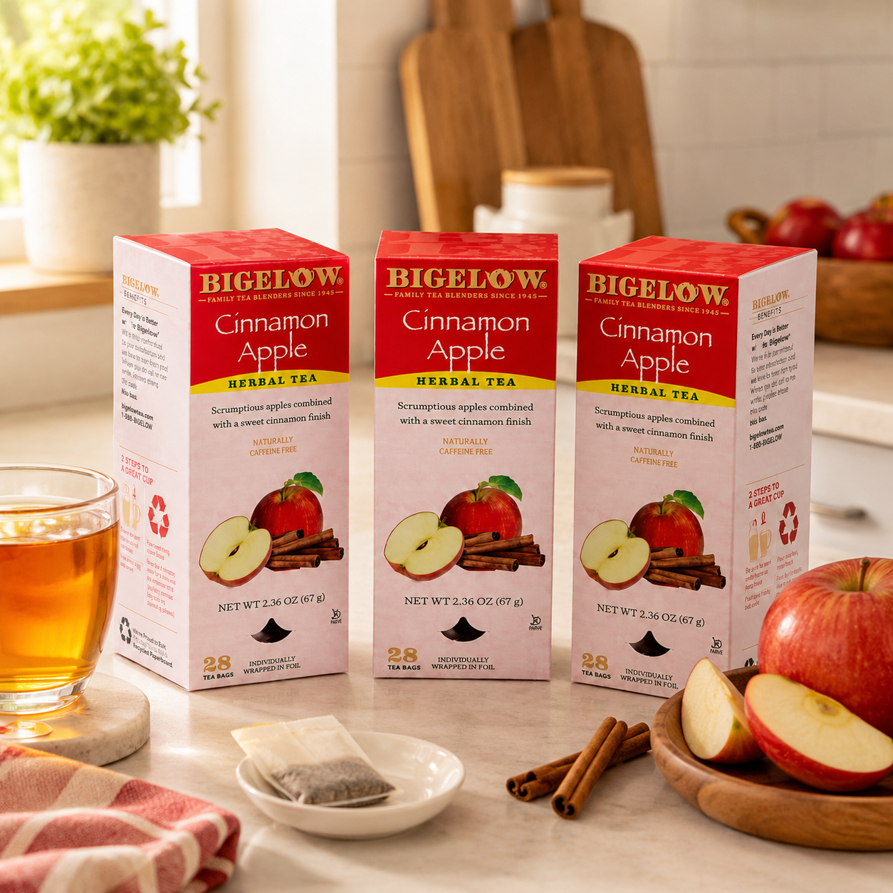 Bigelow Cinnamon Apple Herbal Tea Bags 28-Count Box Cinnamon Apple Hibiscus Flavored Herbal Tea Bags All Natural Non-GMO (Pack of 3)