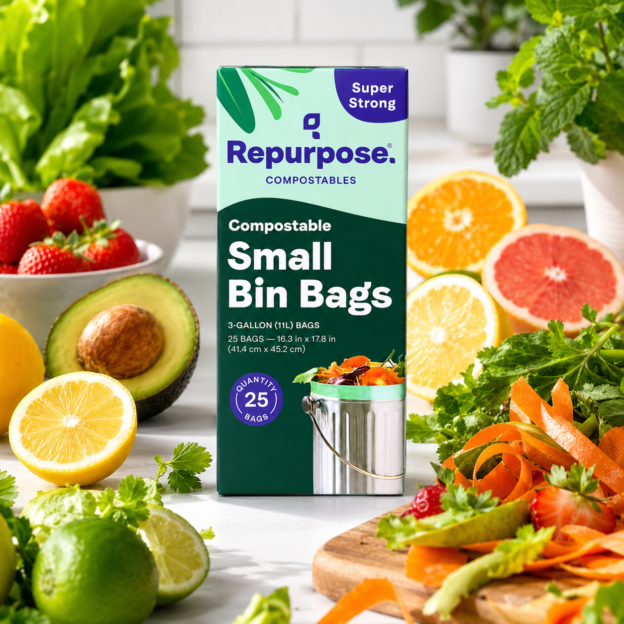 Repurpose Compostables Repurpose 3 Gallon, 11 Liter Super Strong, Small Compostable Trash Bags, Biodegradable Products Institute (BPI) Certified, 25 Count