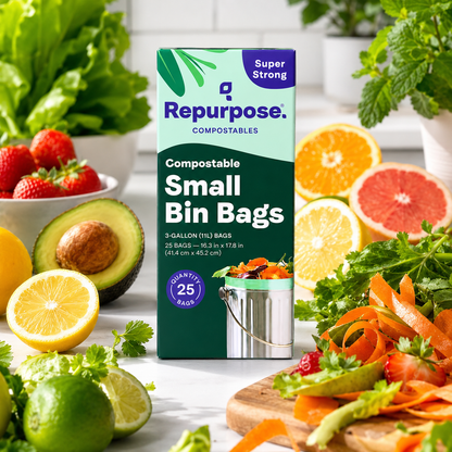 Repurpose Compostables Repurpose 3 Gallon, 11 Liter Super Strong, Small Compostable Trash Bags, Biodegradable Products Institute (BPI) Certified, 25 Count