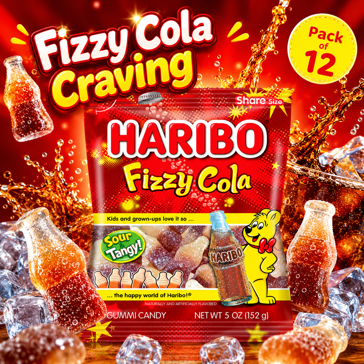 HARIBO Fizzy-Cola Gummi Candy Share Size Bags Sour & Tangy Cola Flavor Soft & Chewy 5 oz