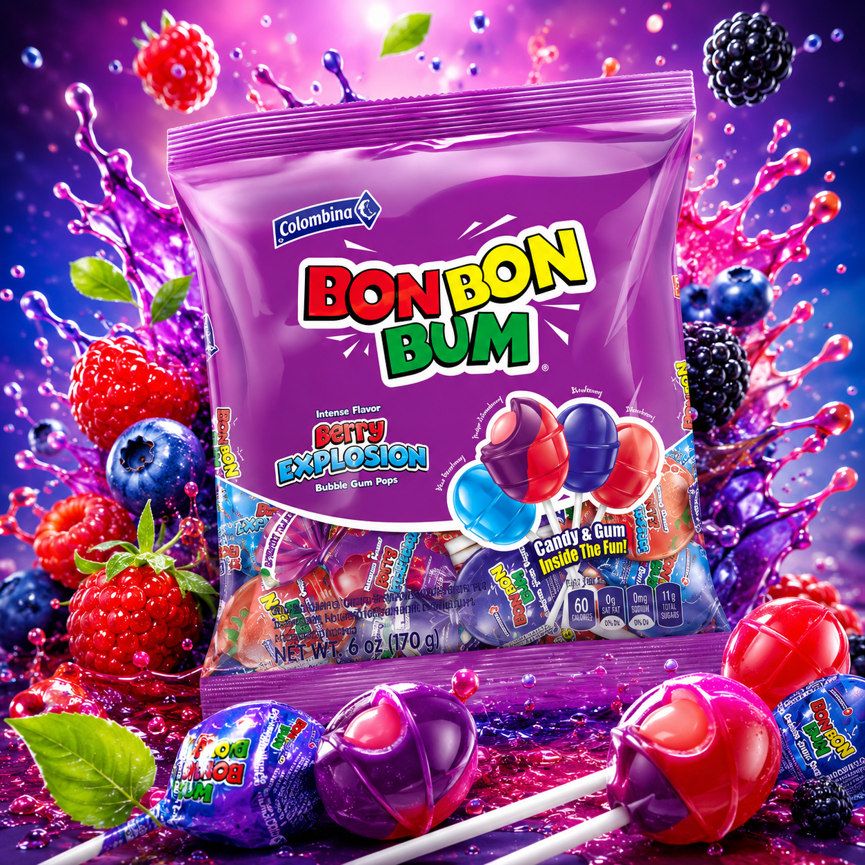 Colombina Bon Bon Bum Lollipops w/Bubble Gum Center, Berry Explosion Mix, Individually Wrapped, Ideal for Party Favors and Gifts, (Pack of 3)