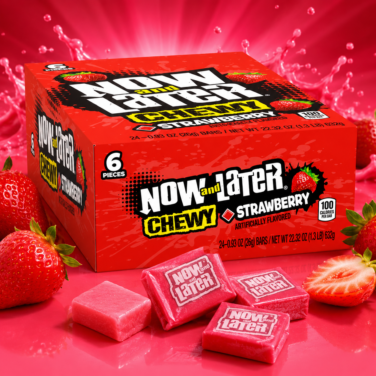 Now & Later Soft Taffy Chews Candy Strawberry Bar 0.93 oz
