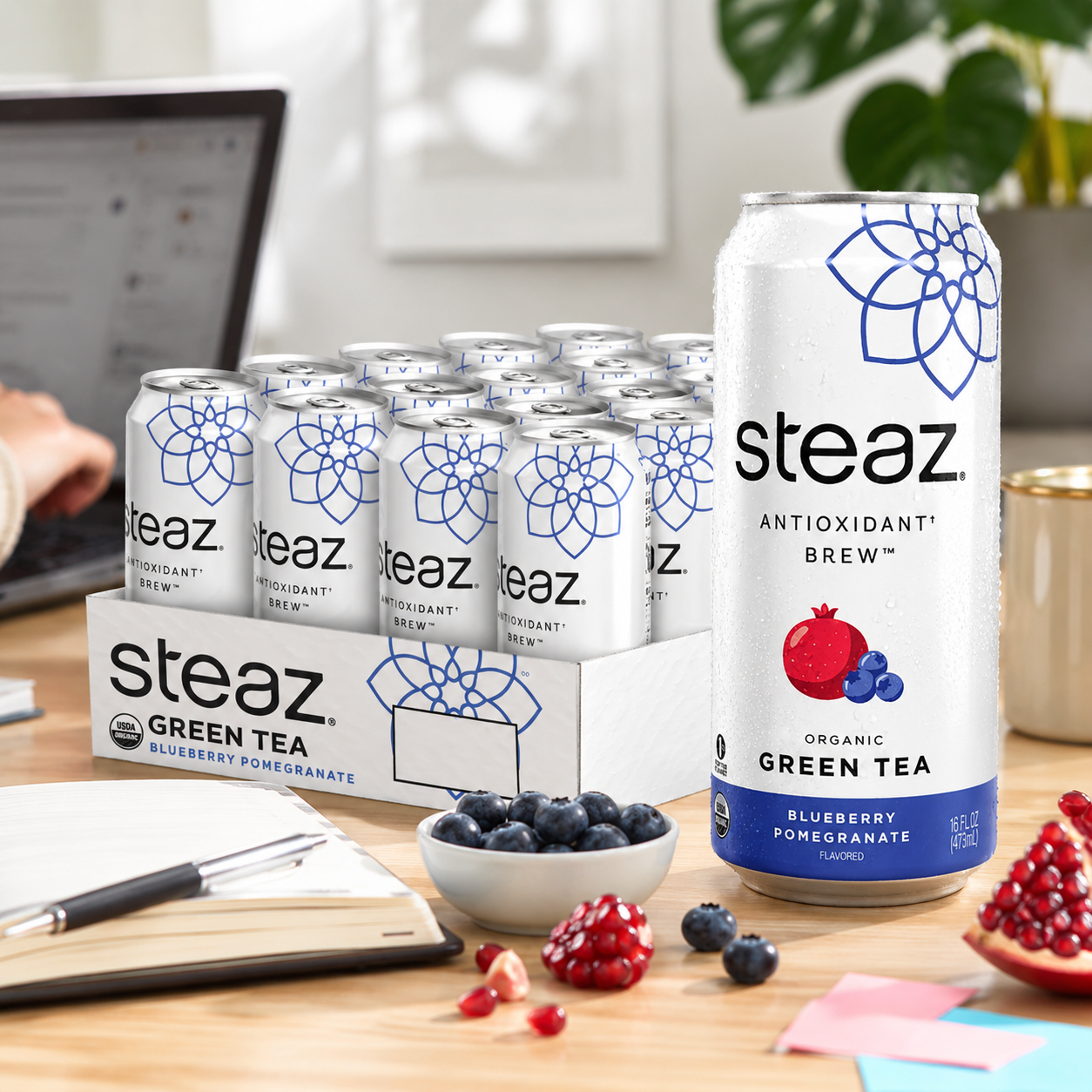 Steaz Organic Green Tea Blueberry Pomegranate Antioxidant Brew Natural Caffeine 90 Calories Vitamin C Cane Sugar Sweetened Vegan 16 fl oz