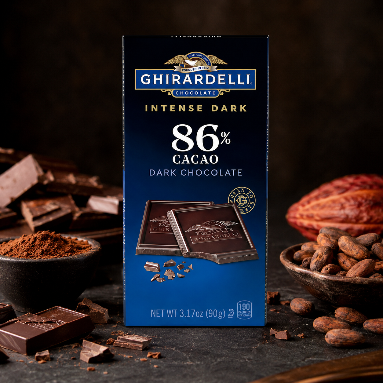 GHIRARDELLI INTENSE DARK Chocolate Bar, 86% Cacao, 3.17 Oz Bar (Pack of 12)