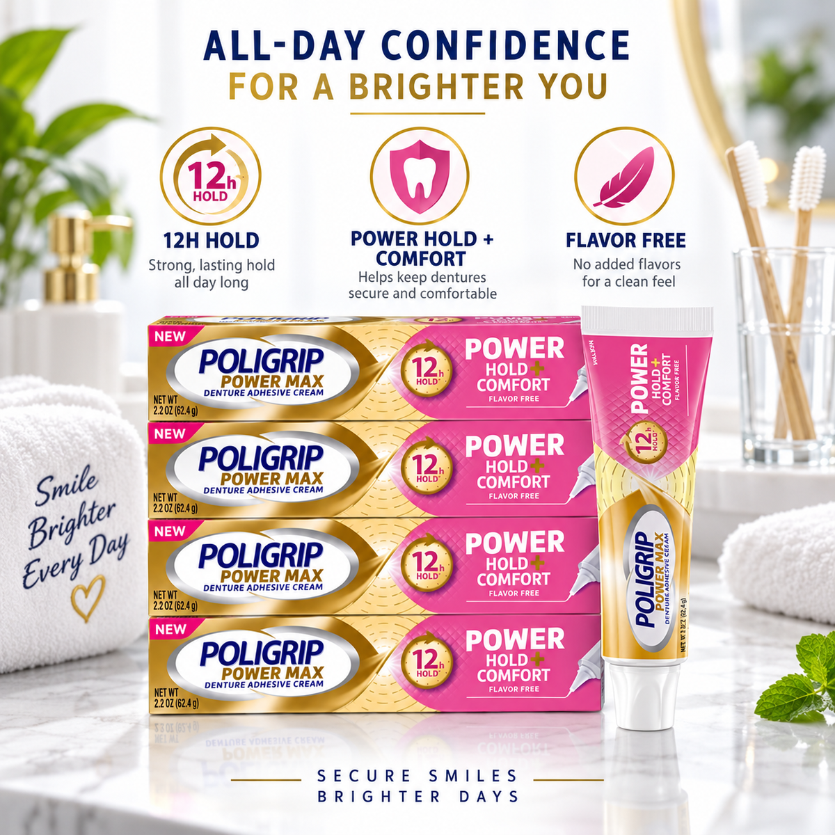 Poligrip Denture Adhesive, Power Max Hold Plus Comfort Denture (Pack of 4) Poligrip