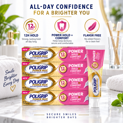 Poligrip Denture Adhesive, Power Max Hold Plus Comfort Denture (Pack of 4) Poligrip