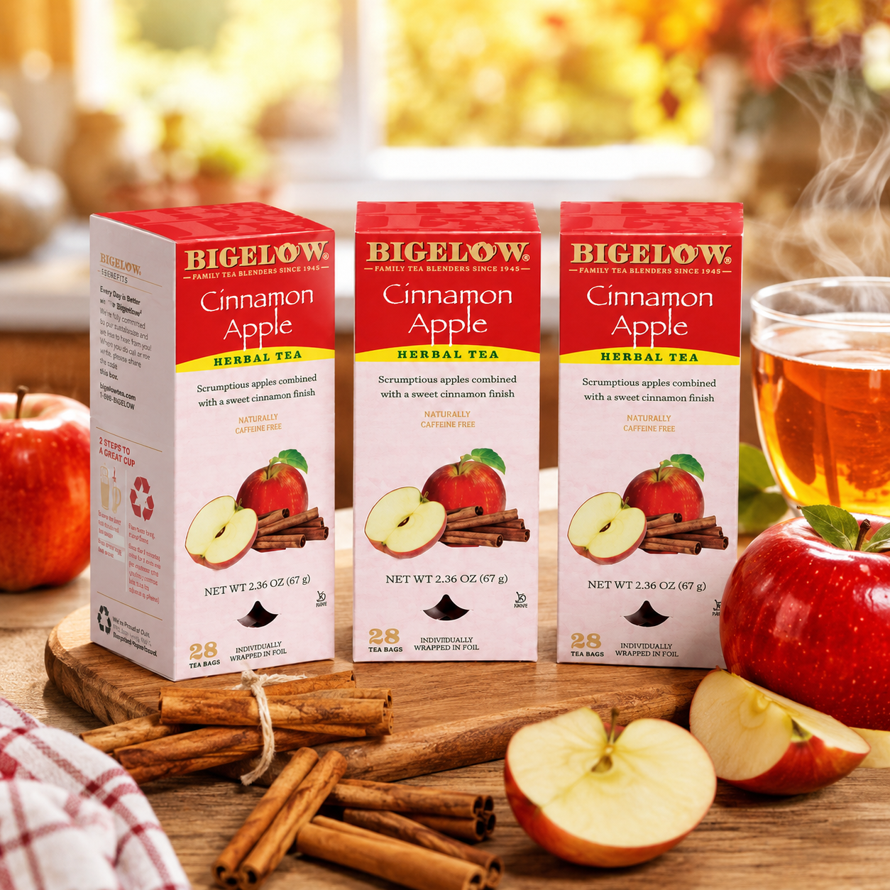 Bigelow Cinnamon Apple Herbal Tea Bags 28-Count Box Cinnamon Apple Hibiscus Flavored Herbal Tea Bags All Natural Non-GMO (Pack of 3)