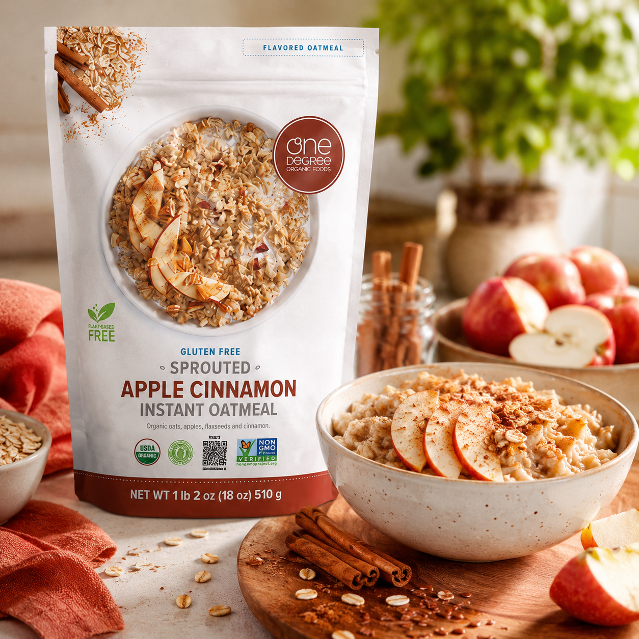 One Degree Organic Foods Sprouted Instant Oatmeal, USDA Organic, Non-GMO, Vegan, And Gluten Free Instant Oatmeal, Apple Cinnamon, (Pack of 6)