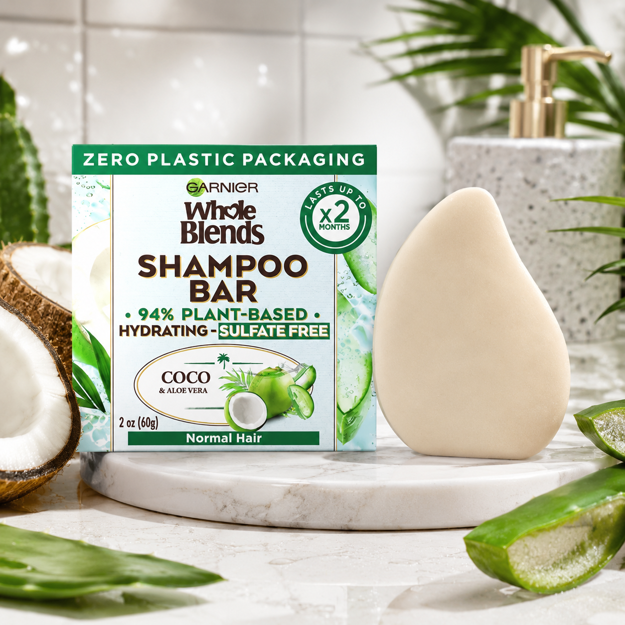 Garnier Whole Blends Hydrating Shampoo Bar for Normal Hair Coco & Aloe Vera 2 Oz