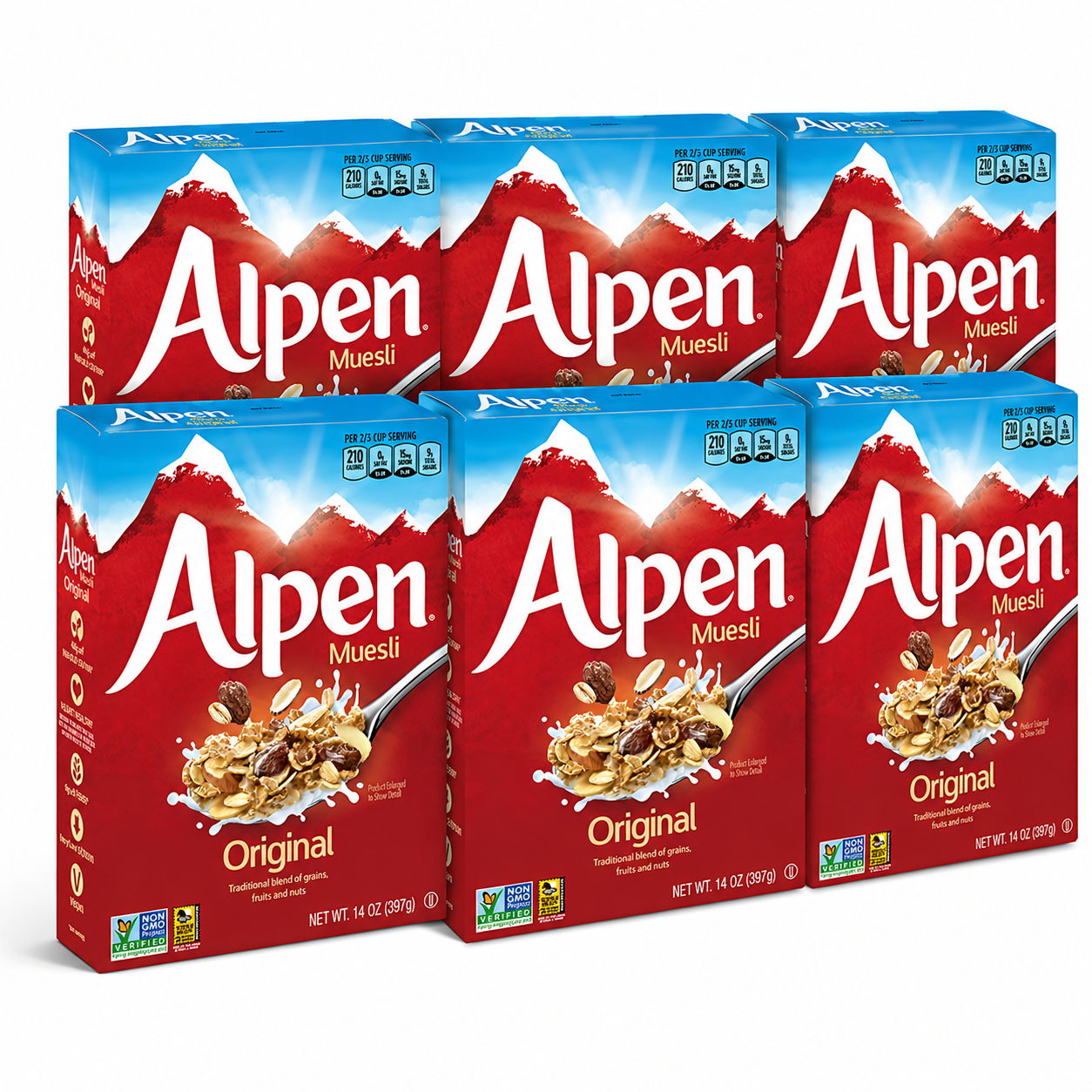 Alpen Muesli Original Cereal, Heart Healthy Cereal with Wheat Flakes, Rolled Oats, Nuts and Raisins, Non-GMO Project Verified, 14 OZ Box (Pack of 6)