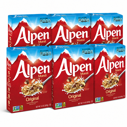 Alpen Muesli Original Cereal, Heart Healthy Cereal with Wheat Flakes, Rolled Oats, Nuts and Raisins, Non-GMO Project Verified, 14 OZ Box (Pack of 6)